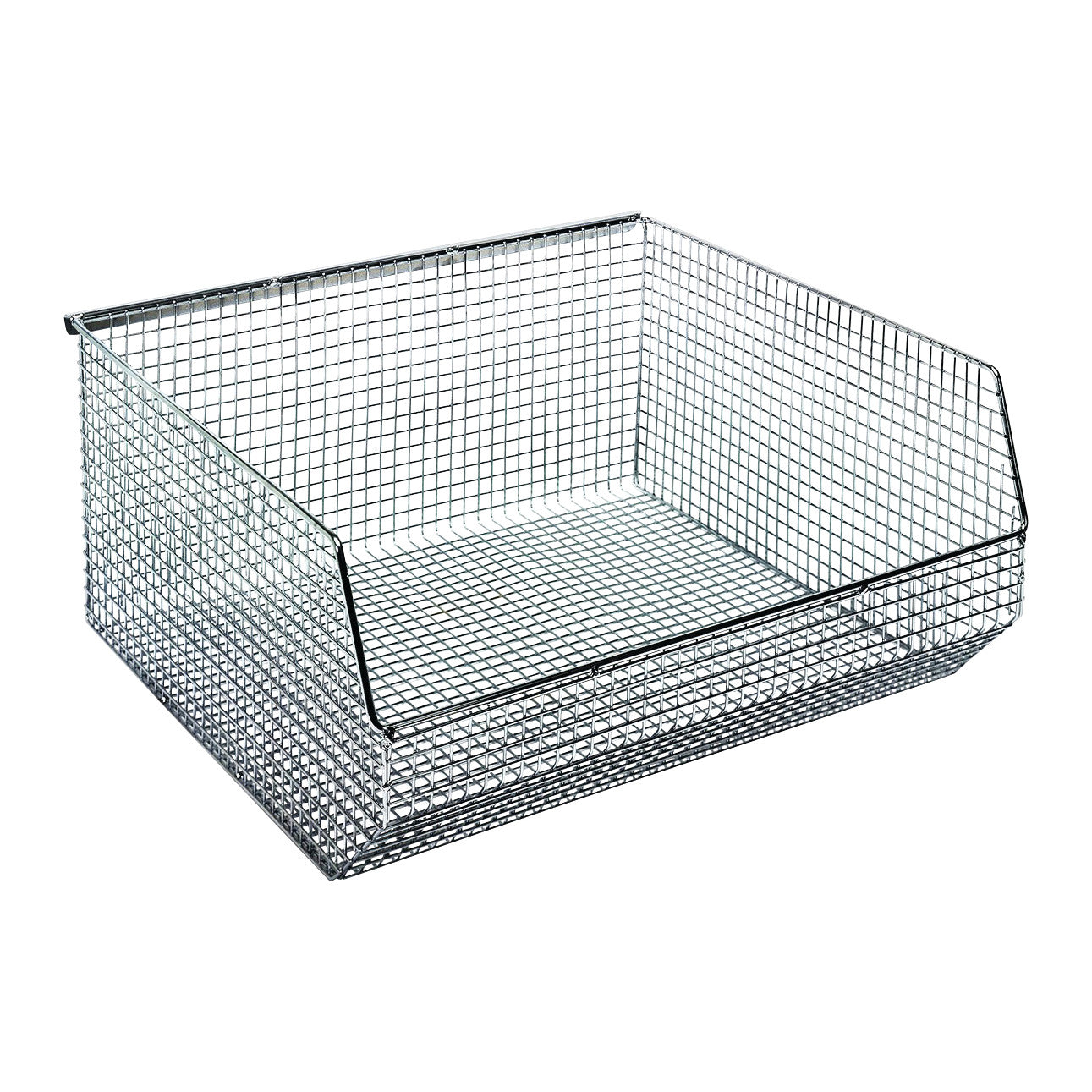 A Quantum Mesh Stack and Hang Wire Bin, featuring a rectangular open-faced design made of metal wire mesh, ideal for organizing items.