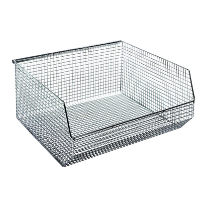 A Quantum Mesh Stack and Hang Wire Bin, featuring a rectangular open-faced design made of metal wire mesh, ideal for organizing items.