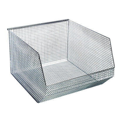 The Quantum Mesh Stack and Hang Wire Bin is a metal storage bin with a grid design, featuring an open front for easy access.