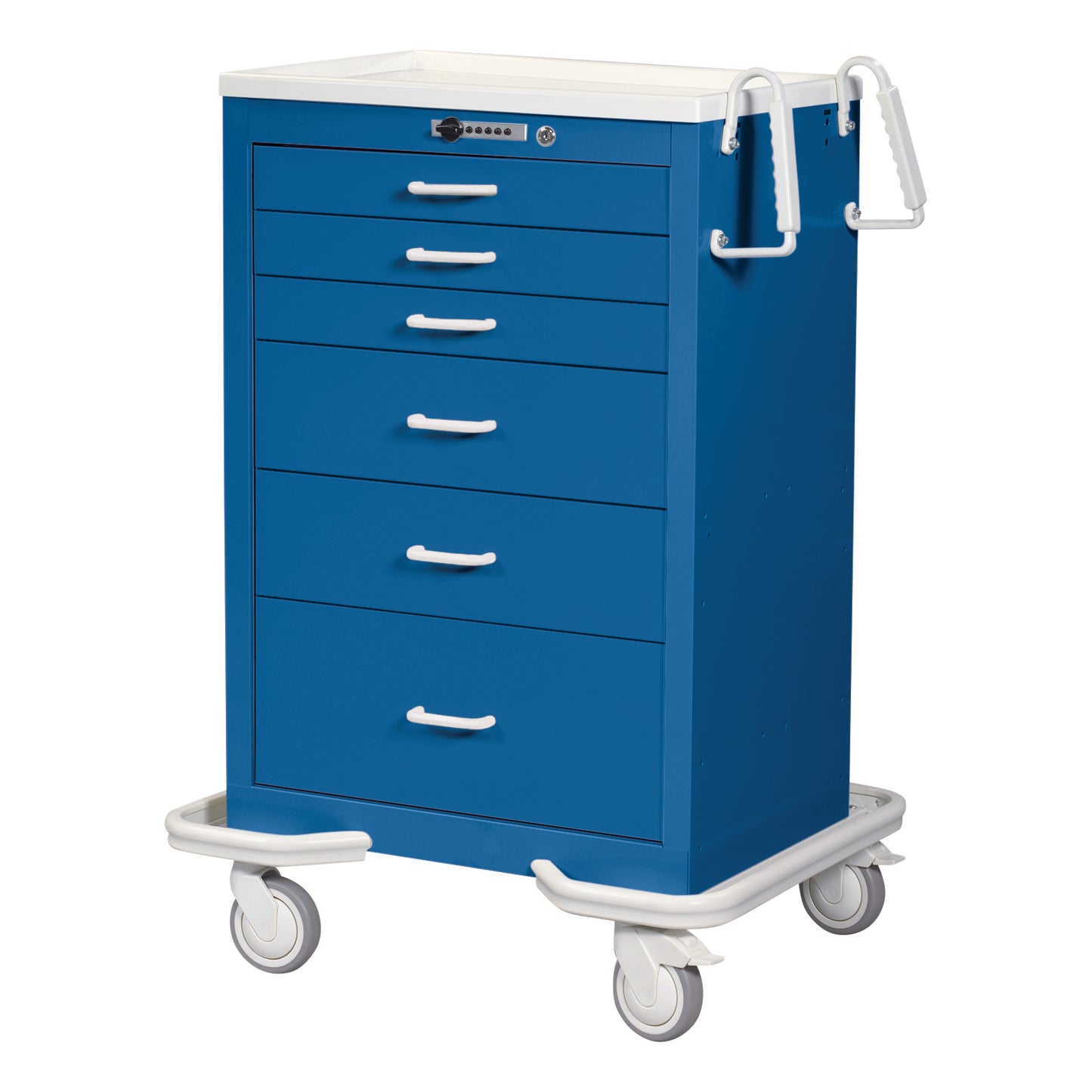 AliMed Standard Series 6-Drawer Anesthesia/Procedure Cart with Push-Button Lock, 30" Drawer Space, in Two-Tone Dark Blue, on wheels.