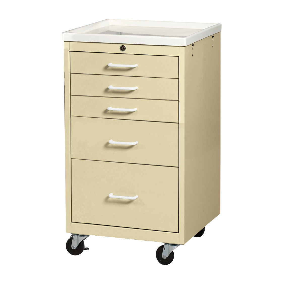 The AliMed Mini Series 5-Drawer Procedure Cart with Key Lock, Solid Beige features white handles and wheels for mobility.