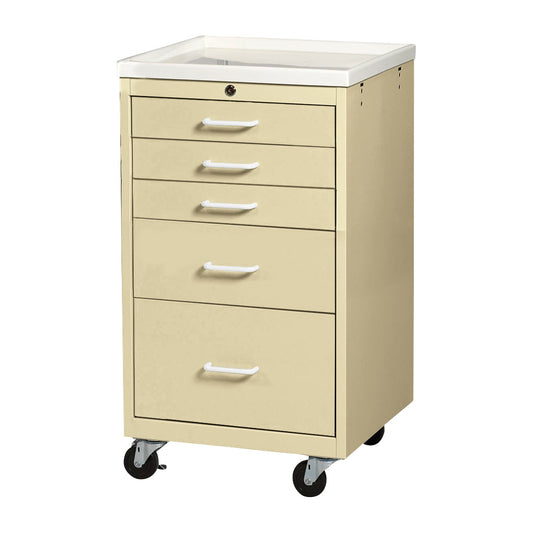 The AliMed Mini Series 5-Drawer Procedure Cart with Key Lock, Solid Beige features white handles and wheels for mobility.