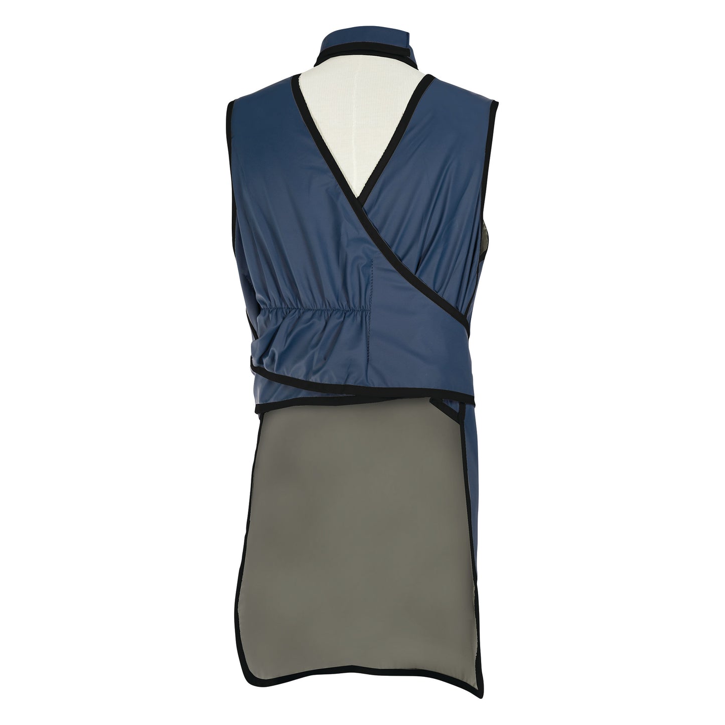 Back view of Barrier Technologies UltraFlex Lead-Free Frontal Apron, featuring blue wrap design and black trim with mesh panel.