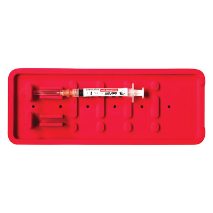 A Soffzone Syringe Holder in red holds a syringe labeled "Lidocaine with Epinephrine 1:100,000" against its molded surface.