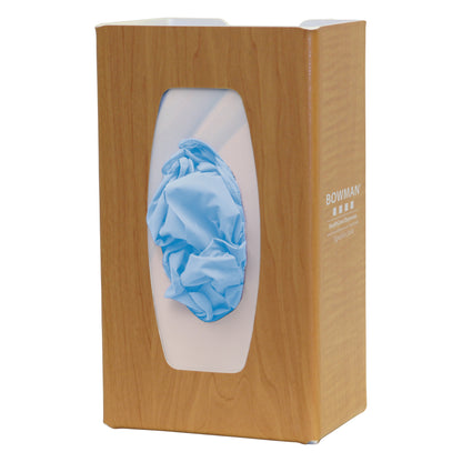 Bowman Signature Series Fauxwood Glove Box Dispenser with a faux wood design holding blue gloves visible through a front opening.