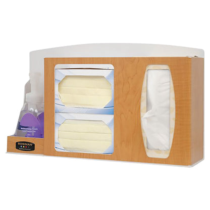 Bowman Basic Counter/Wall Hygiene Center with compartments for foam hand sanitizer, two boxes of face masks, and a box of tissues.