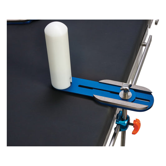 AliMed Anterior Lateral Positioner attached to a table, featuring a blue base, white cylindrical pad, and adjustable clamps.