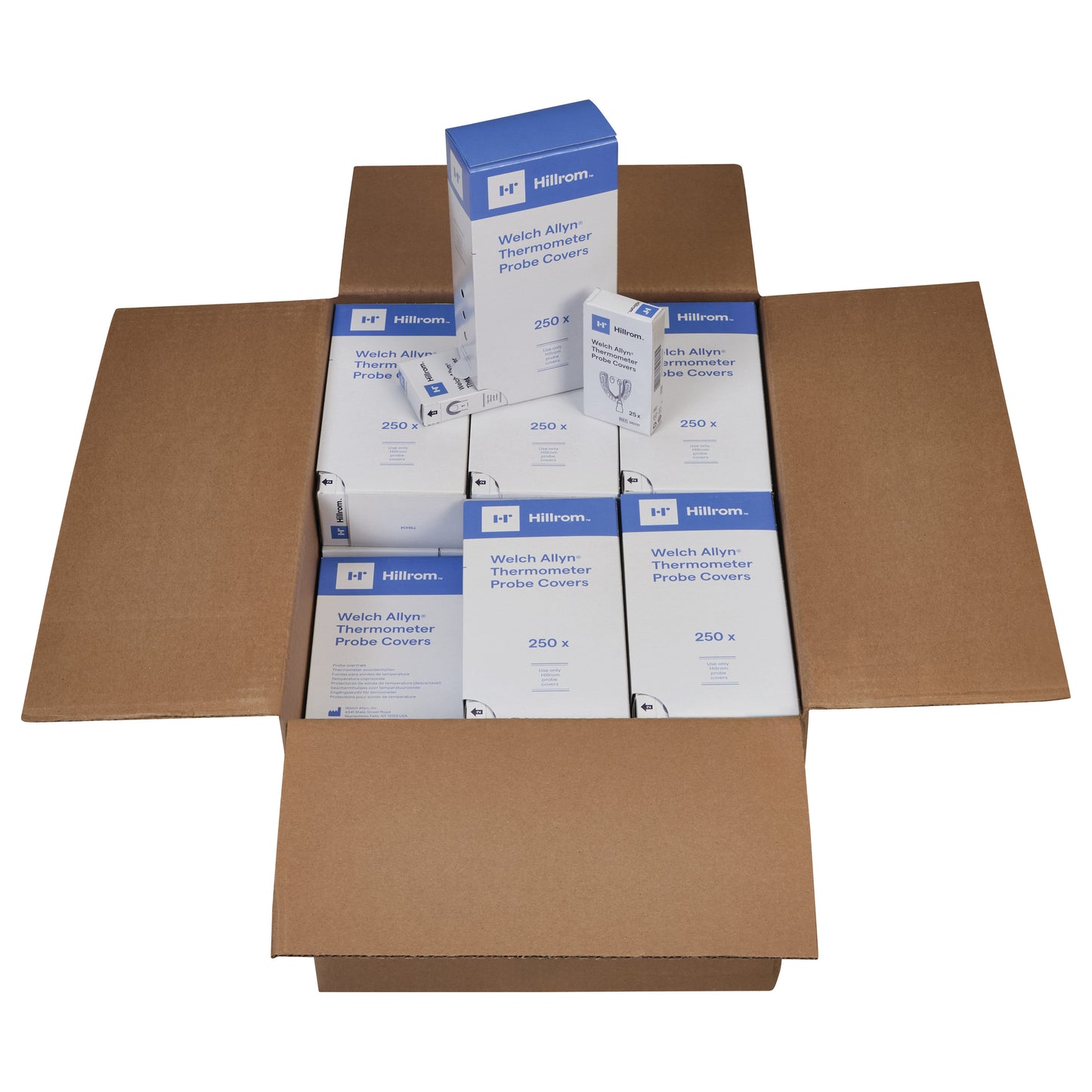 A cardboard box contains multiple boxes of Probe Cover for  Electronic Thermometer, each holding 250 covers.