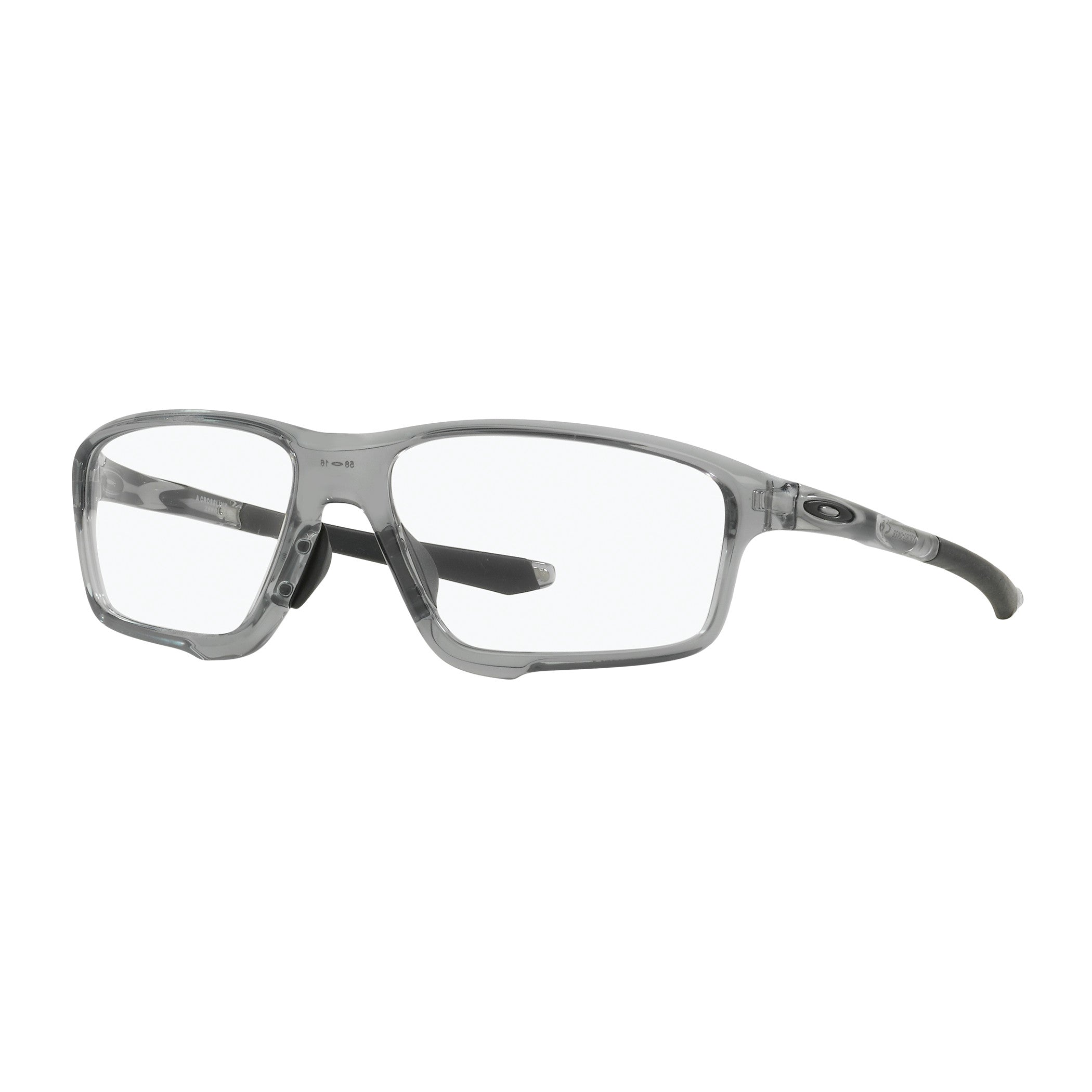 Oakley Crosslink Radiation Protection Eyewear features rectangular clear lenses with a gray transparent frame and black temples.