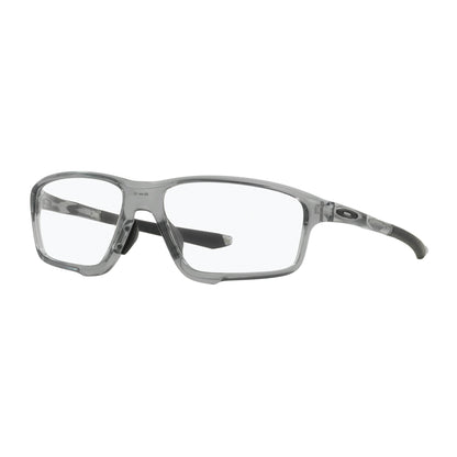 Oakley Crosslink Radiation Protection Eyewear features rectangular clear lenses with a gray transparent frame and black temples.