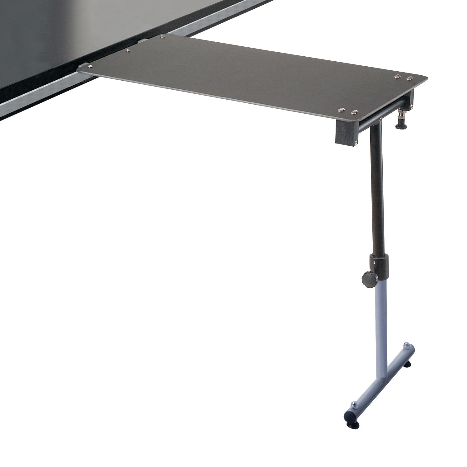 Rycor Clinical Series Phenolic Stretcher Rail Mount Armboard attached to a stretcher rail, featuring an adjustable support leg.