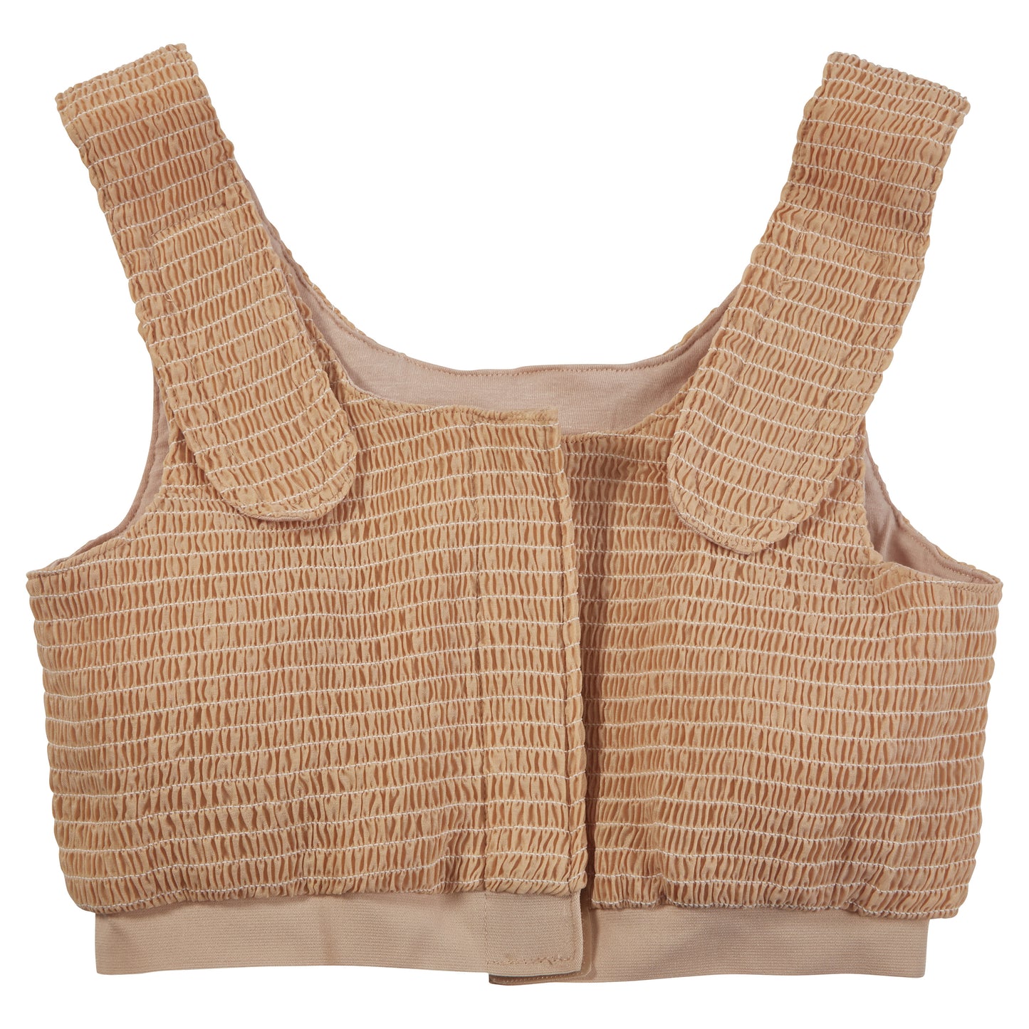 The Expand-A-Band Compression Bra is a beige support garment with wide straps and a textured surface, fastened at the front.