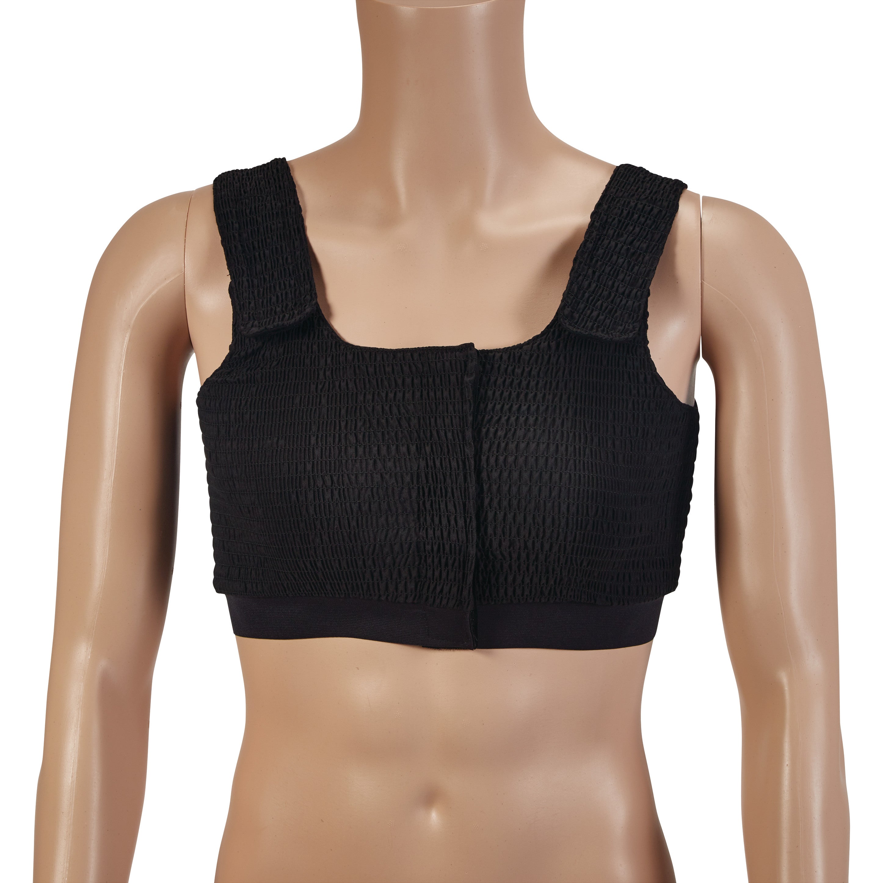 A mannequin wears an Expand-A-Band Compression Bra, featuring wide straps and a textured design on the front.