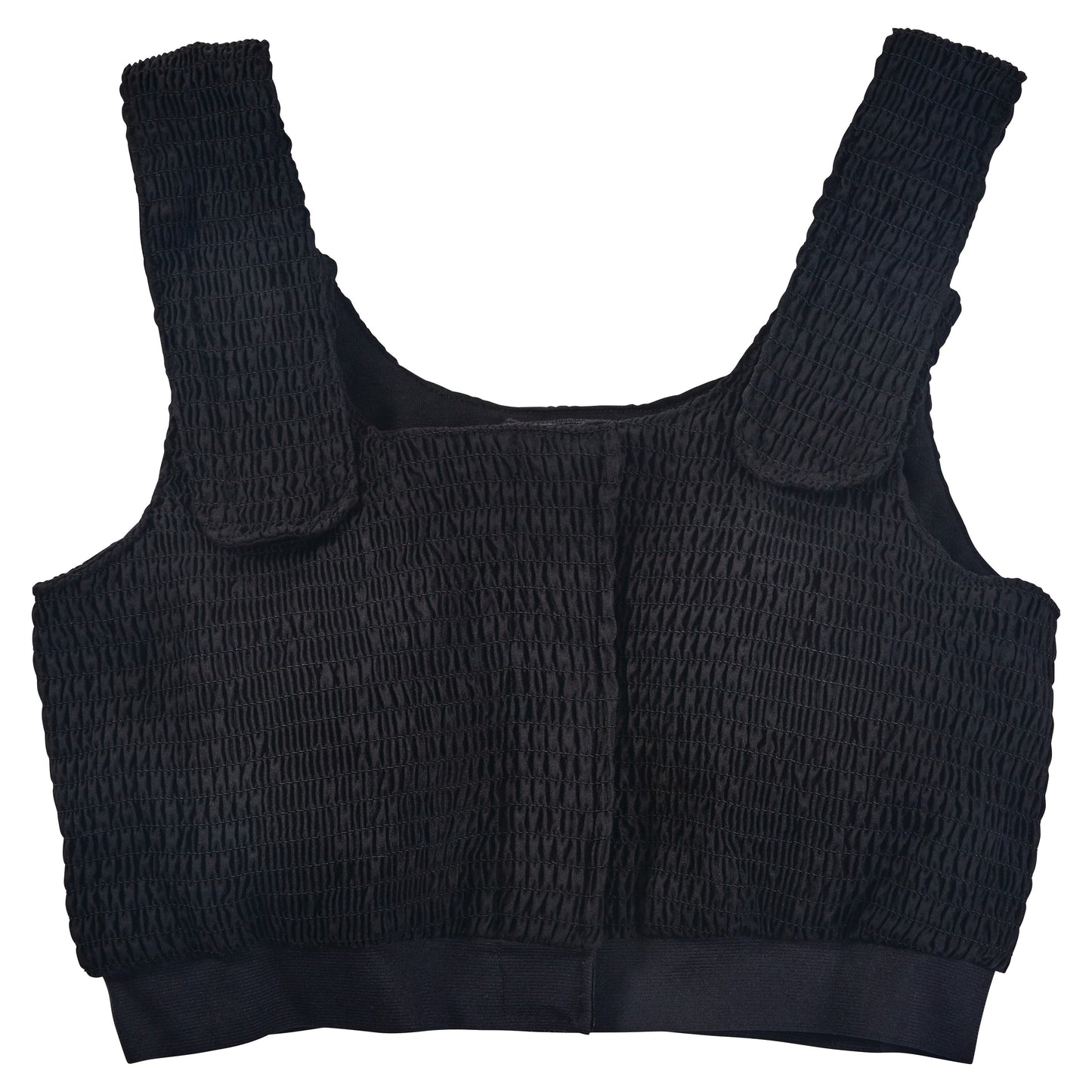 Black Expand-A-Band Compression Bra with wide straps and a textured, stretchy fabric design.