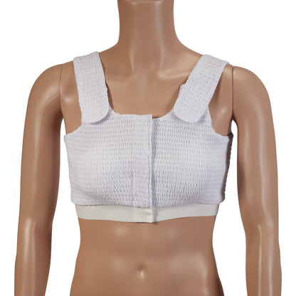 A mannequin wearing an Expand-A-Band Compression Bra in white, featuring wide straps and a front closure.