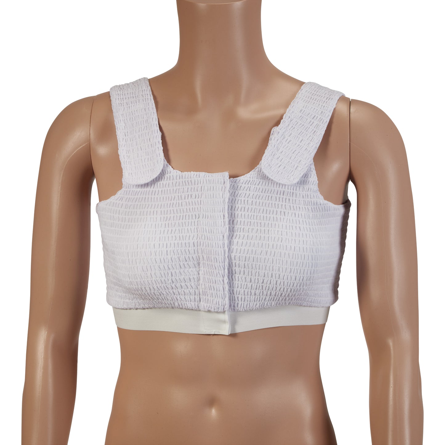 A mannequin wears an Expand-A-Band Compression Bra, featuring wide straps and a textured white fabric with front closure.