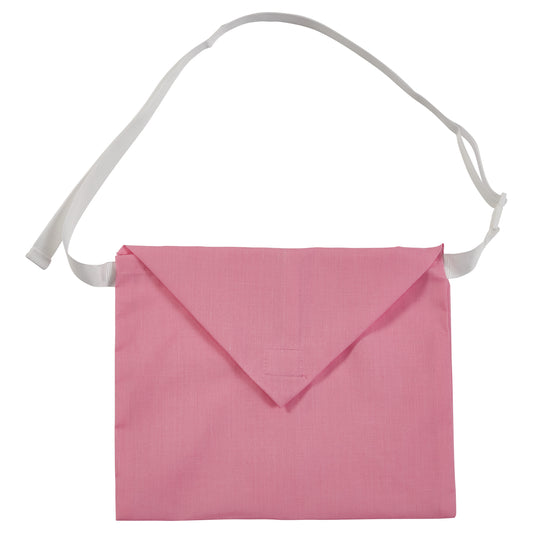 Pink Expand-A-Band Drain Pouch with a white adjustable strap and a flap closure, designed for post-surgical fluid management.