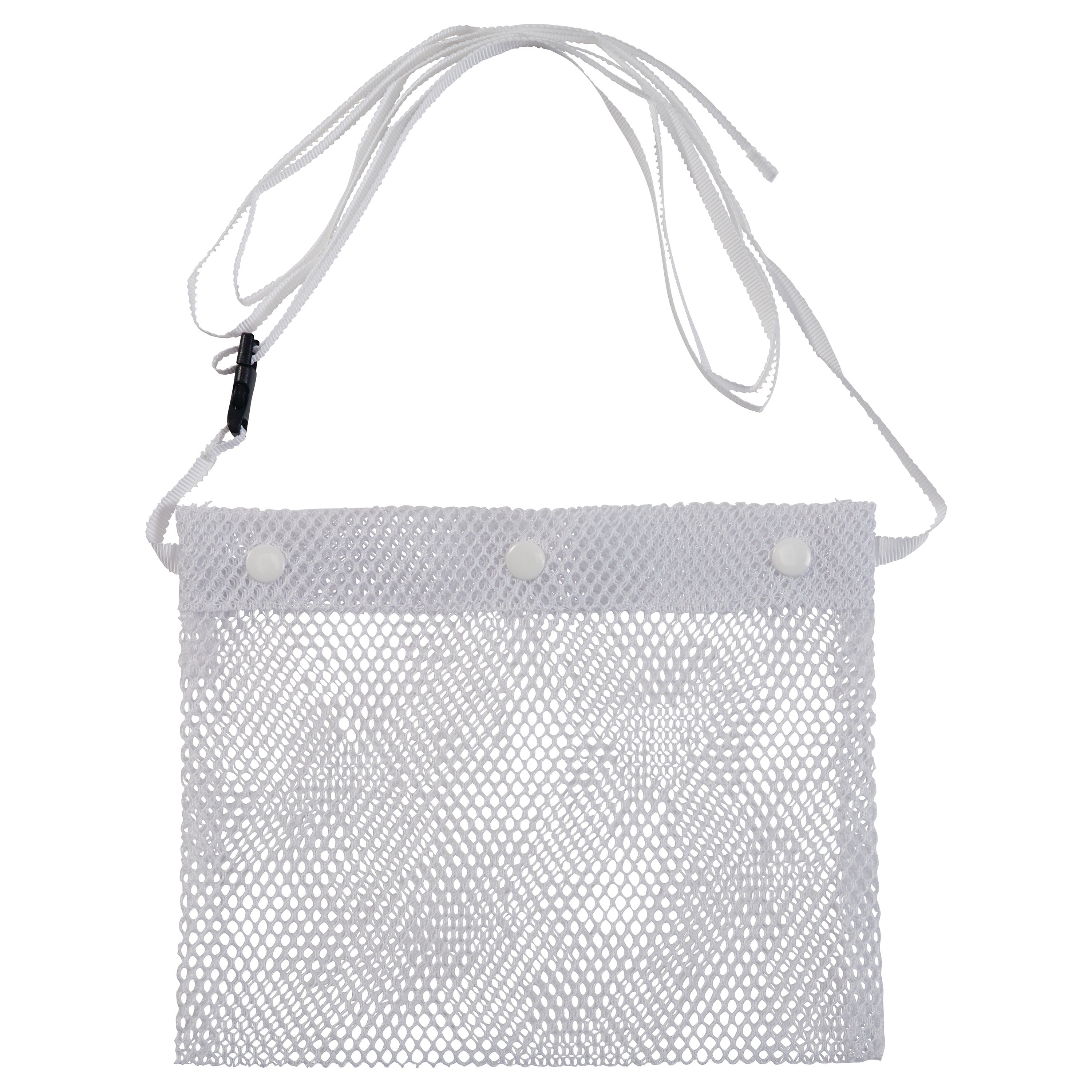 A white Expand-A-Band Drain Pouch with a mesh design, three snap buttons at the top, and a white strap for carrying or attachment.