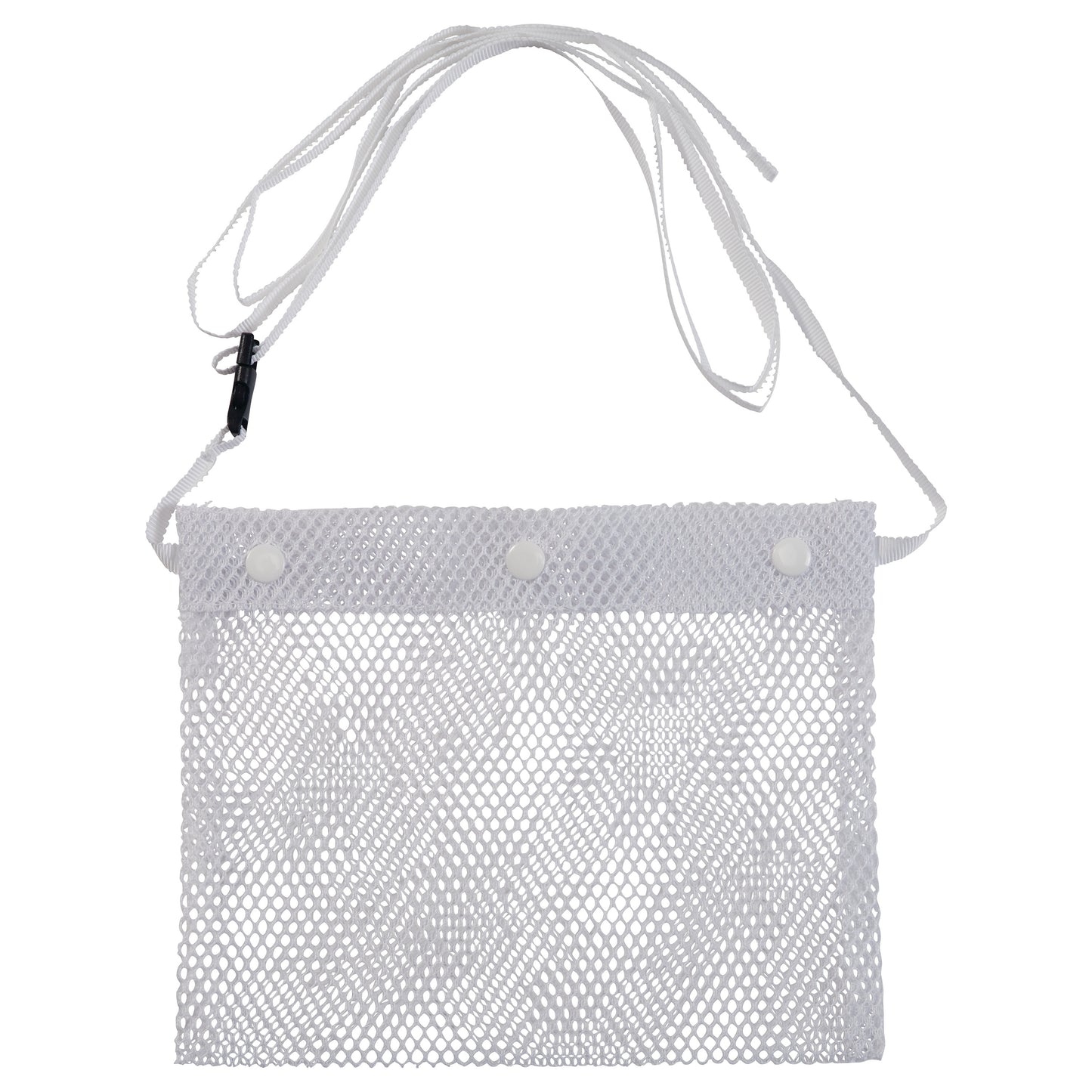 A white Expand-A-Band Drain Pouch with a mesh design, three snap buttons at the top, and a white strap for carrying or attachment.