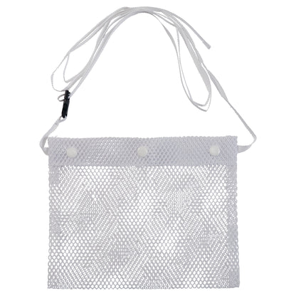 A white Expand-A-Band Drain Pouch with a mesh design, three snap buttons at the top, and a white strap for carrying or attachment.