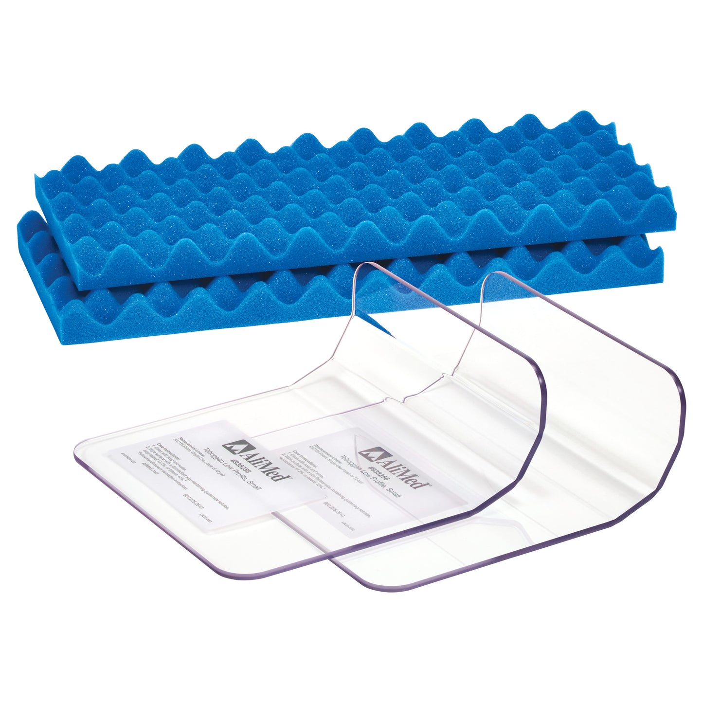 AliMed Low-Profile Toboggan and Single-Use Liner Kit with transparent toboggan and two blue egg crate foam liners.