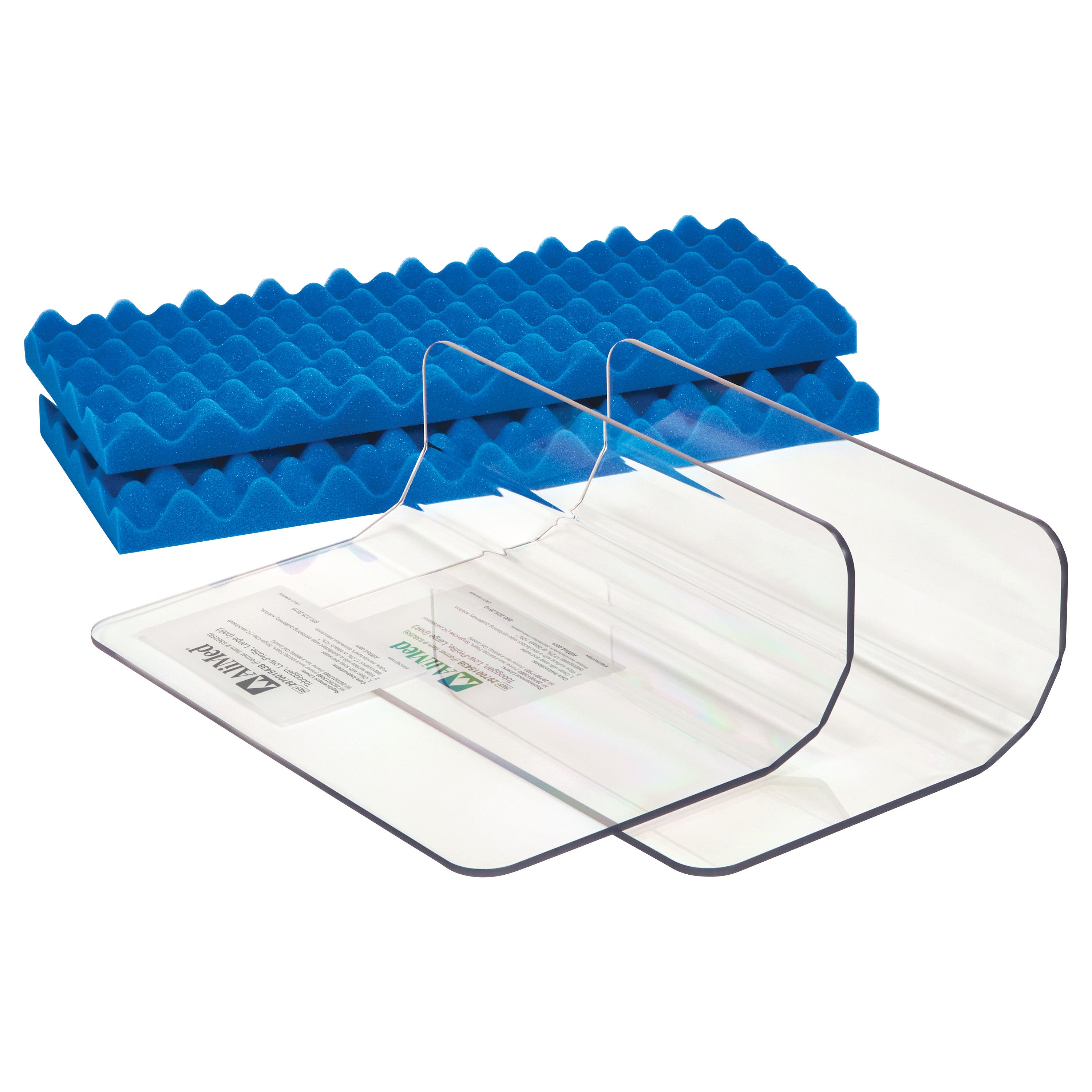AliMed Low-Profile Toboggan and Single-Use Liner Kit with a clear acrylic guard and two blue egg crate foam liners.
