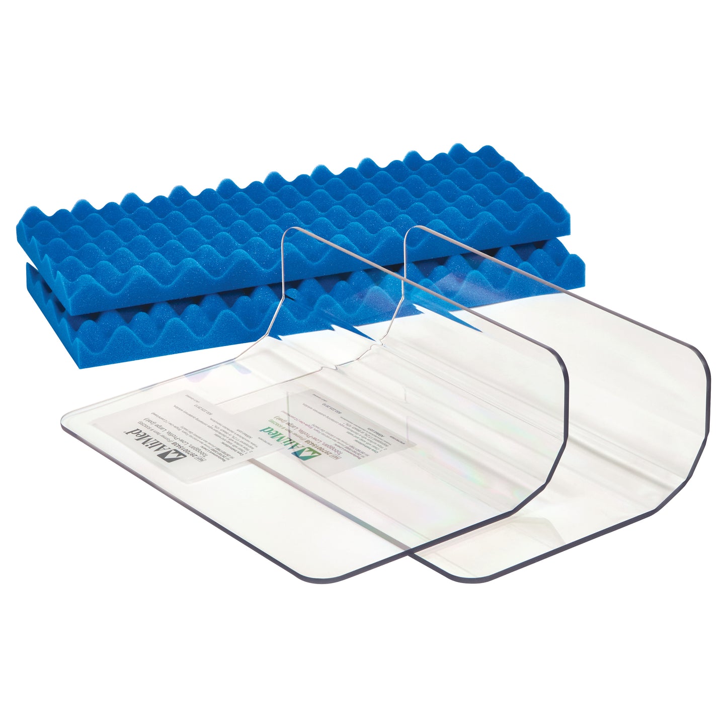 AliMed Low-Profile Toboggan and Single-Use Liner Kit with a clear acrylic guard and two blue egg crate foam liners.