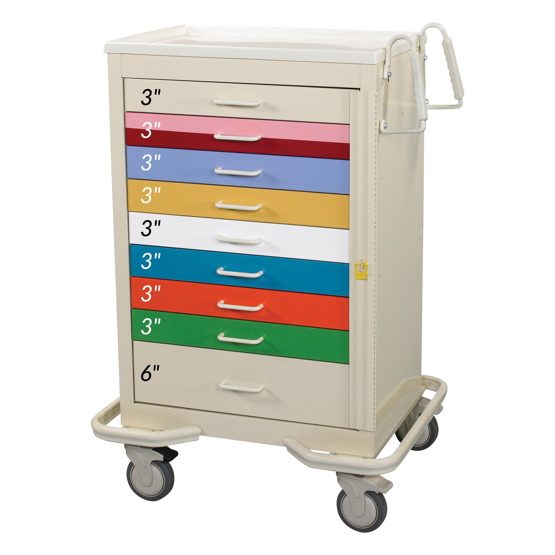 AliMed Standard Series 9-Drawer Pediatric Emergency Cart with colorful 3-inch drawers and one 6-inch drawer, on wheels.