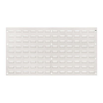 The Quantum Solid Louvered Panel is a rectangular metal sheet with rows of horizontal slots for organizing storage bins.