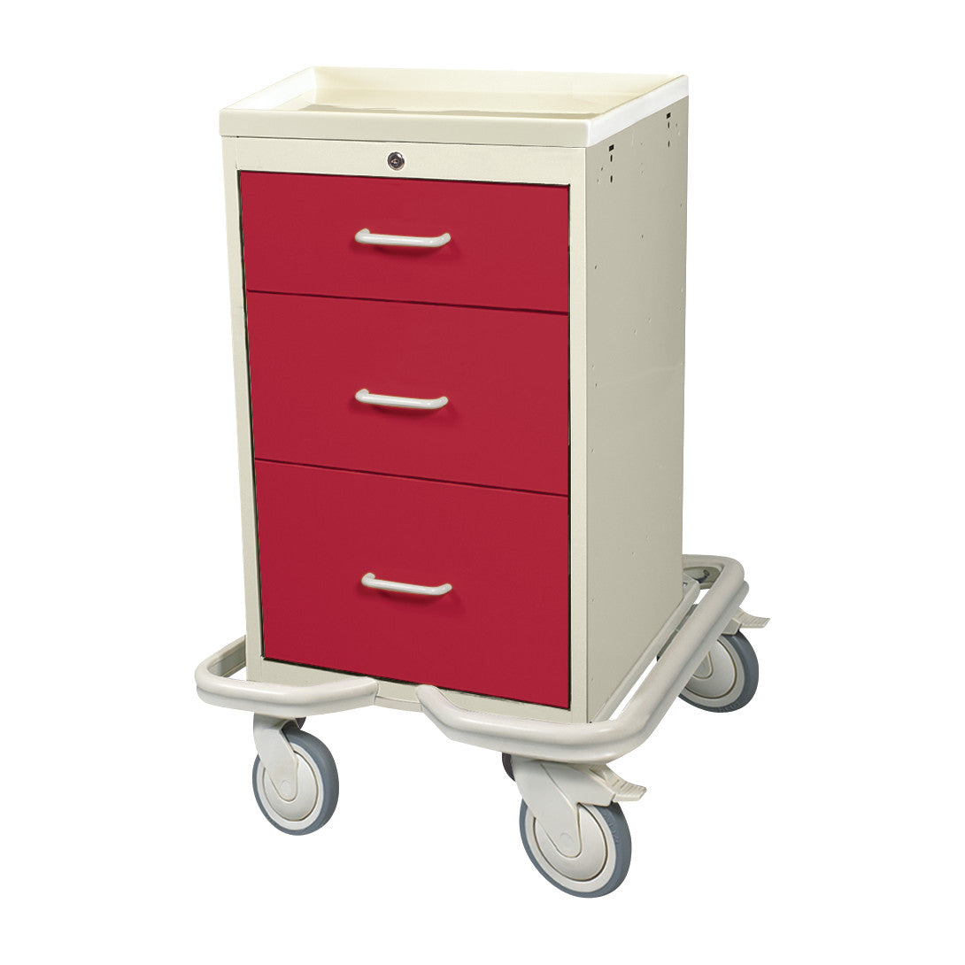 AliMed Mini Series 3-Drawer Isolation Tower Cart with Key Lock featuring red drawers, handles, and four wheels for mobility.