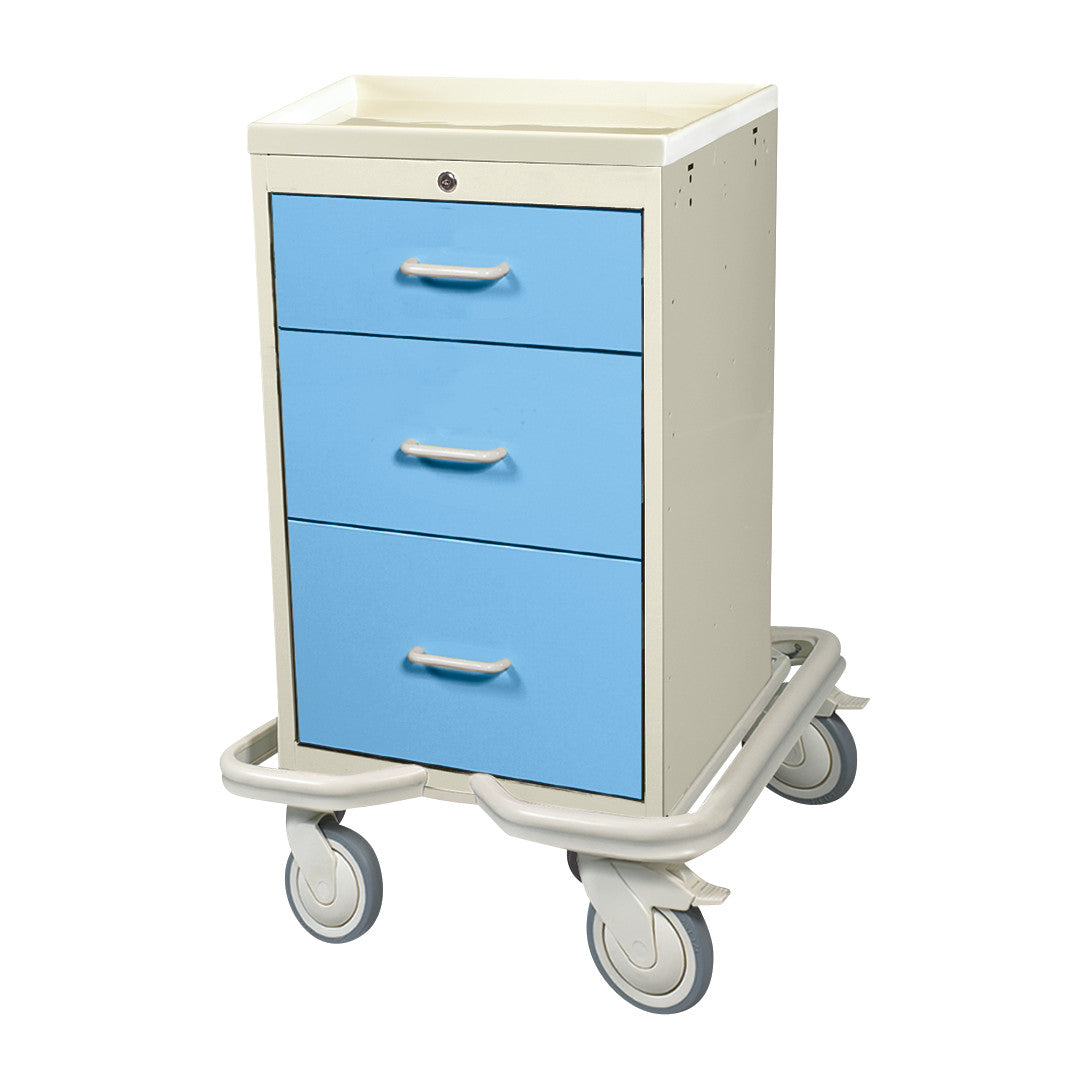 AliMed Mini Series 3-Drawer Isolation Tower Cart with Key Lock is a beige and blue cart with three drawers and wheels.