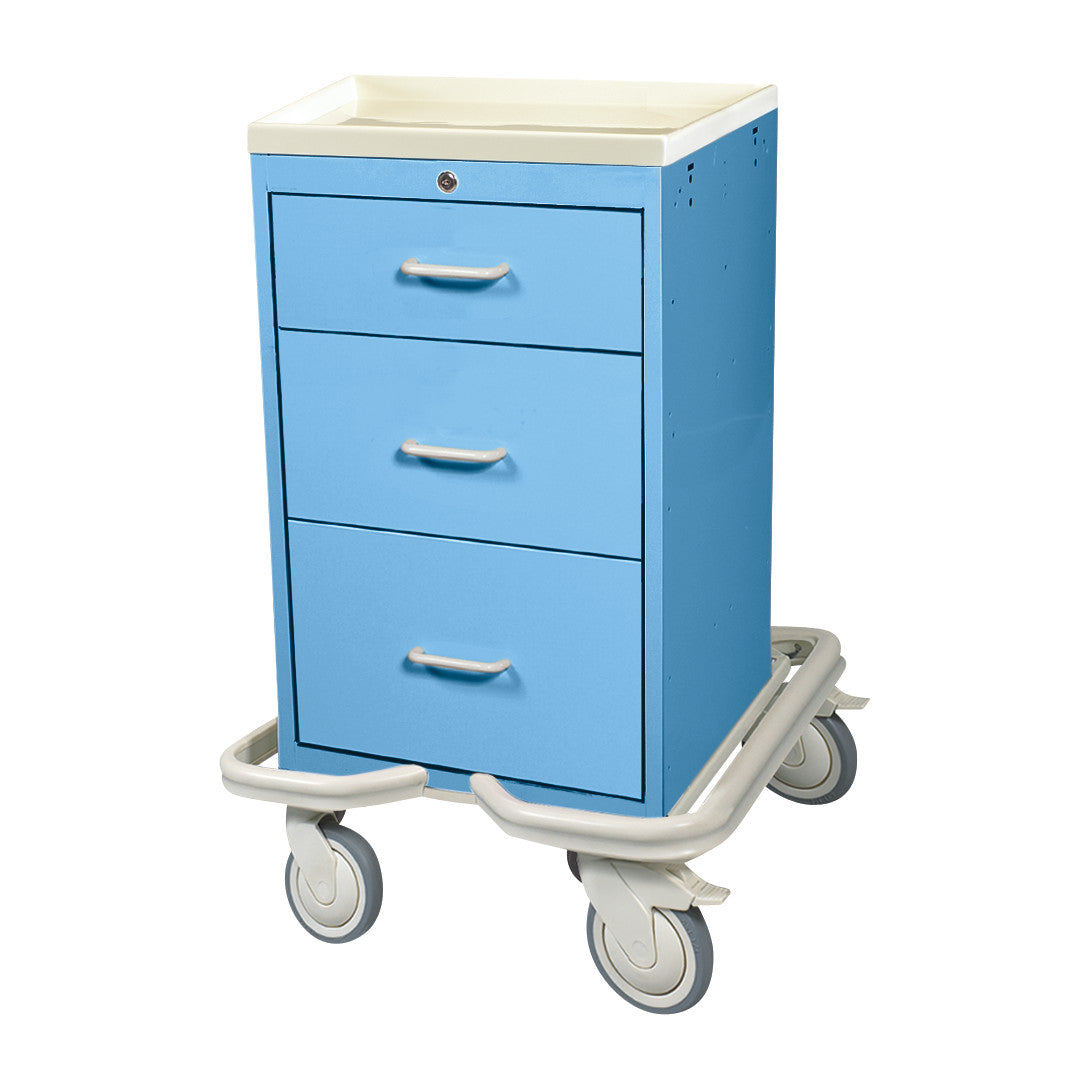 The image features an AliMed Mini Series 3-Drawer Isolation Tower Cart with Key Lock, blue with three drawers and four wheels.
