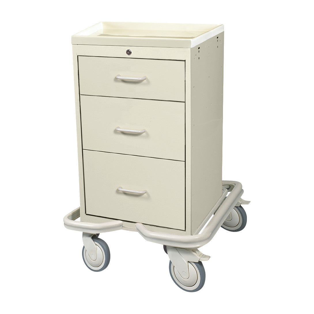 AliMed Mini Series 3-Drawer Isolation Tower Cart with Key Lock, featuring three drawers and swivel wheels for mobility.