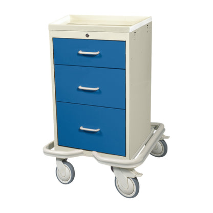 AliMed Mini Series 3-Drawer Isolation Tower Cart with Key Lock, featuring three blue drawers and swivel wheels for mobility.