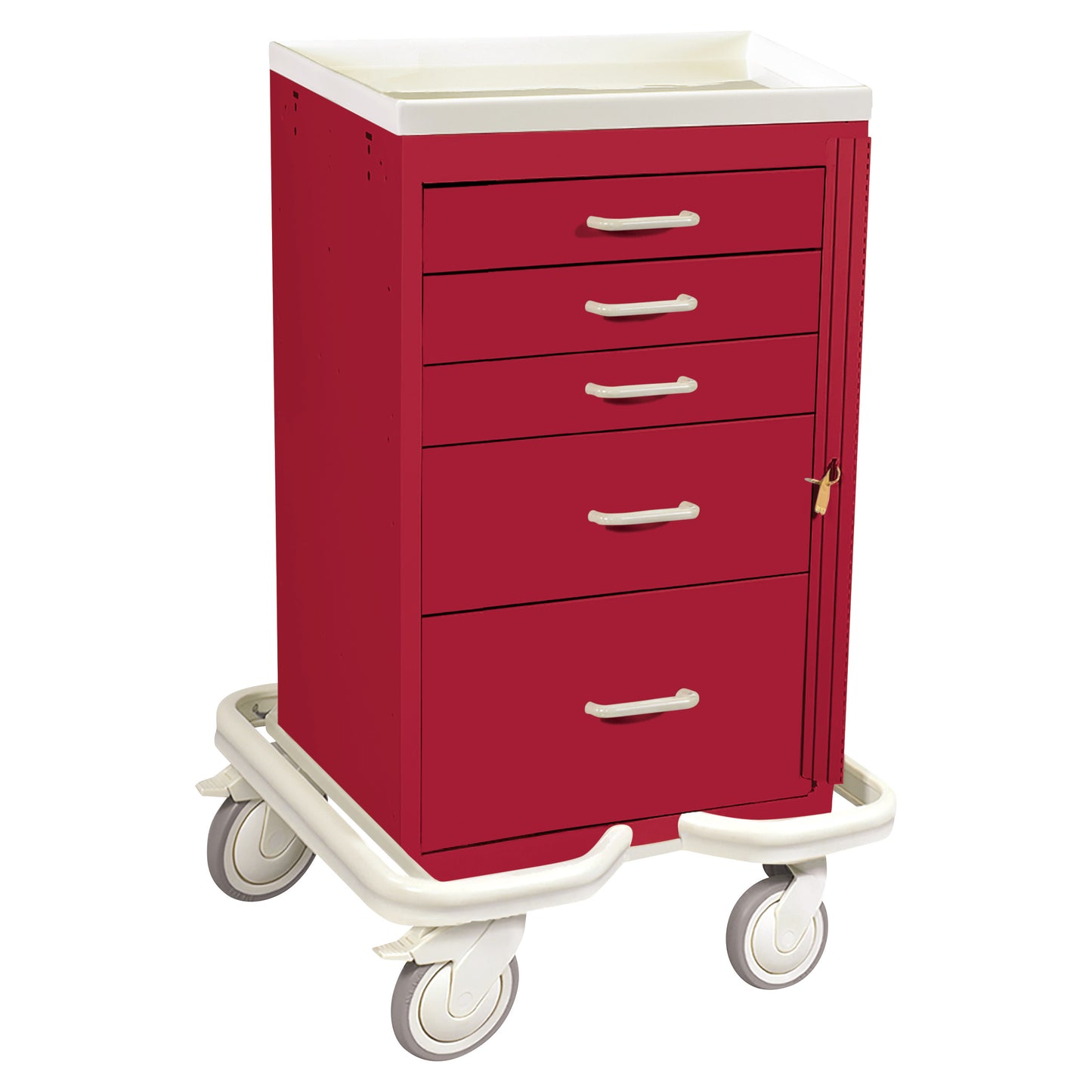 AliMed Mini Series 5-Drawer Emergency Tower Cart in red with white top, featuring four wheels and a locking mechanism.