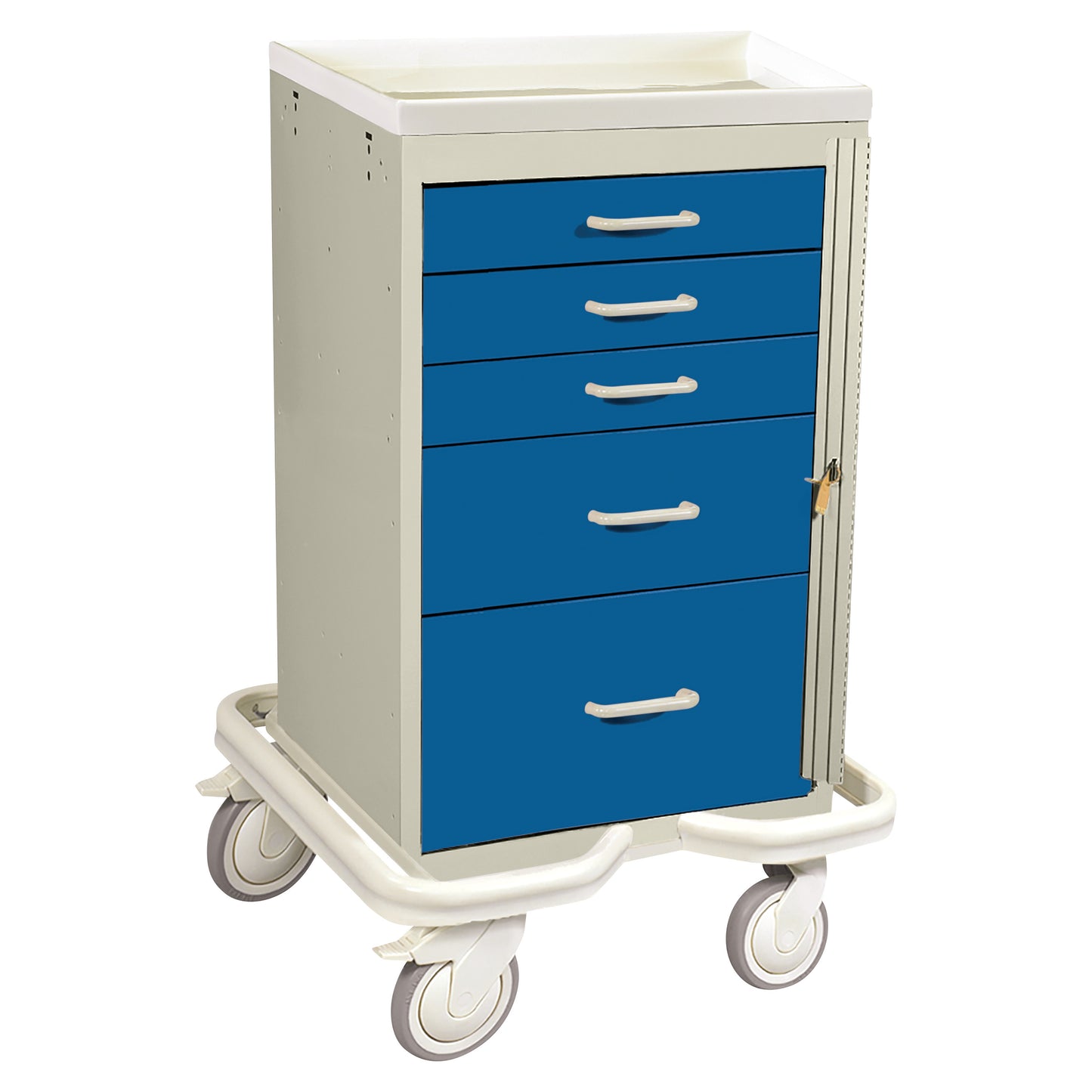 AliMed Mini Series 5-Drawer Emergency Tower Cart with blue drawers, white frame, and four wheels for easy mobility.