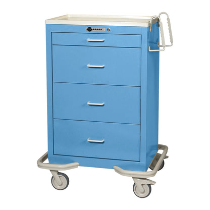AliMed Standard Series 4-Drawer Isolation Cart with Push-Button Lock, featuring a blue design, four drawers, and swivel wheels.