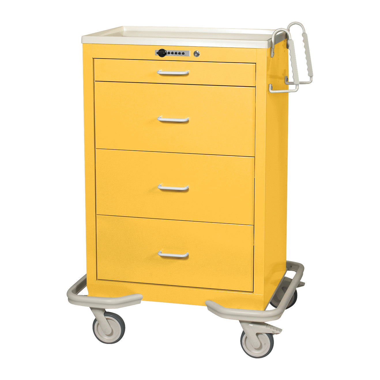 The AliMed Standard Series 4-Drawer Isolation Cart with Push-Button Lock is yellow with four drawers, a handle, and wheels for mobility.