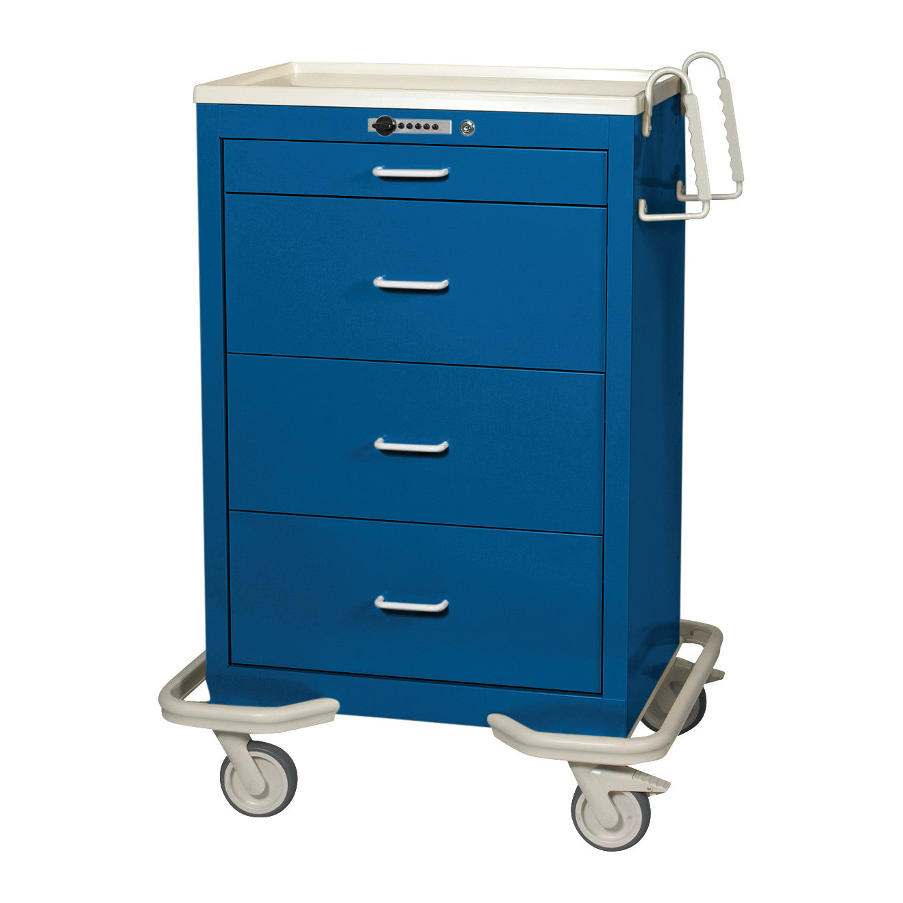AliMed Standard Series 4-Drawer Isolation Cart with Push-Button Lock, featuring a blue design, four drawers, handles, and wheels.