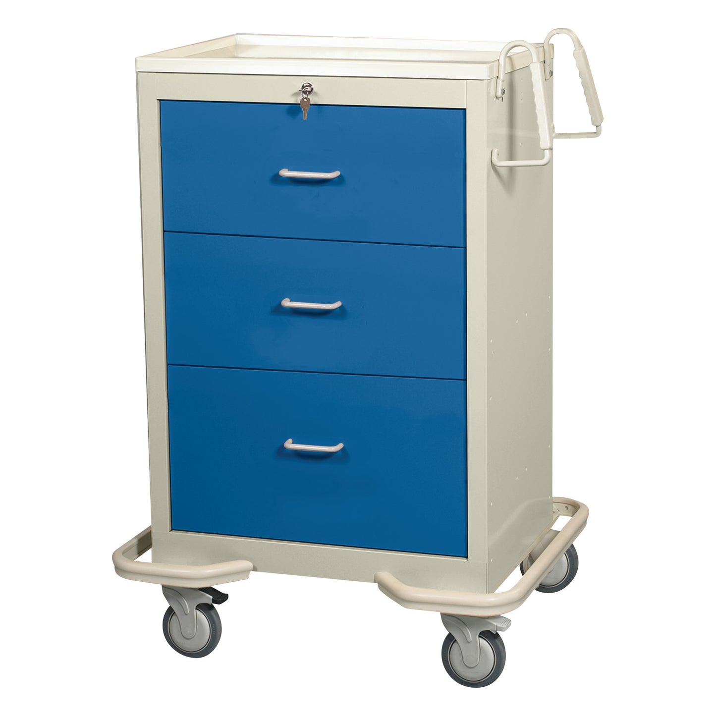 AliMed Standard Series 3-Drawer Isolation Cart with Key Lock, featuring blue drawers and swivel caster wheels for easy mobility.