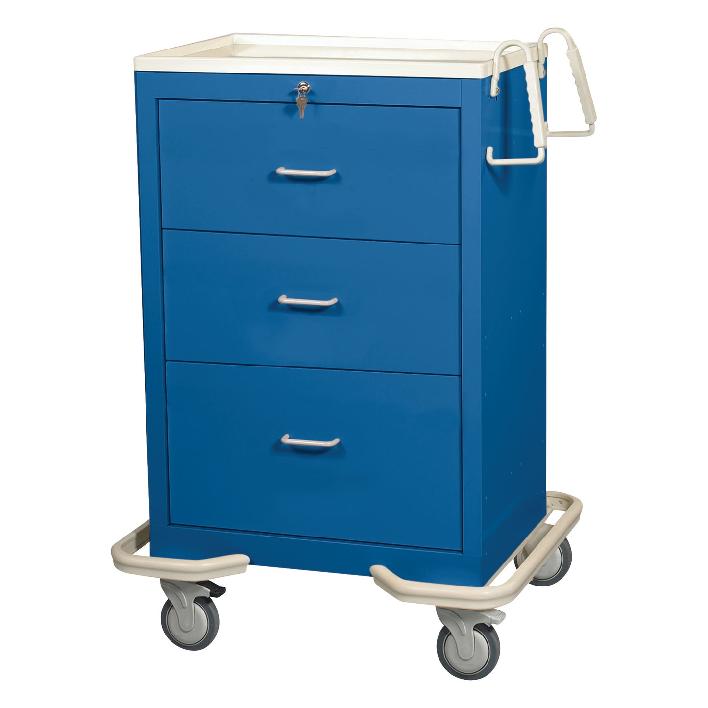 AliMed Standard Series 3-Drawer Isolation Cart with Key Lock, blue, with wheels and handles, featuring a three-drawer design.