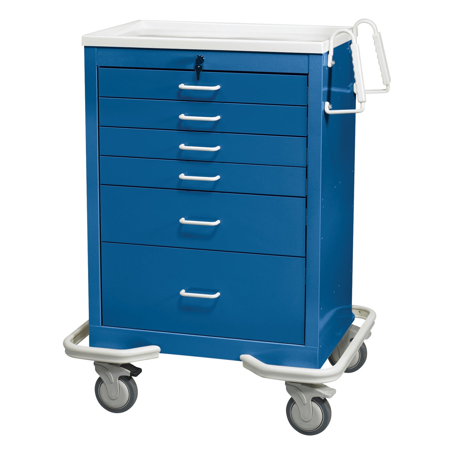 AliMed Standard Series 6-Drawer Anesthesia/Procedure Cart with Key Lock, 27" Drawer Space, blue with wheels and white handles.