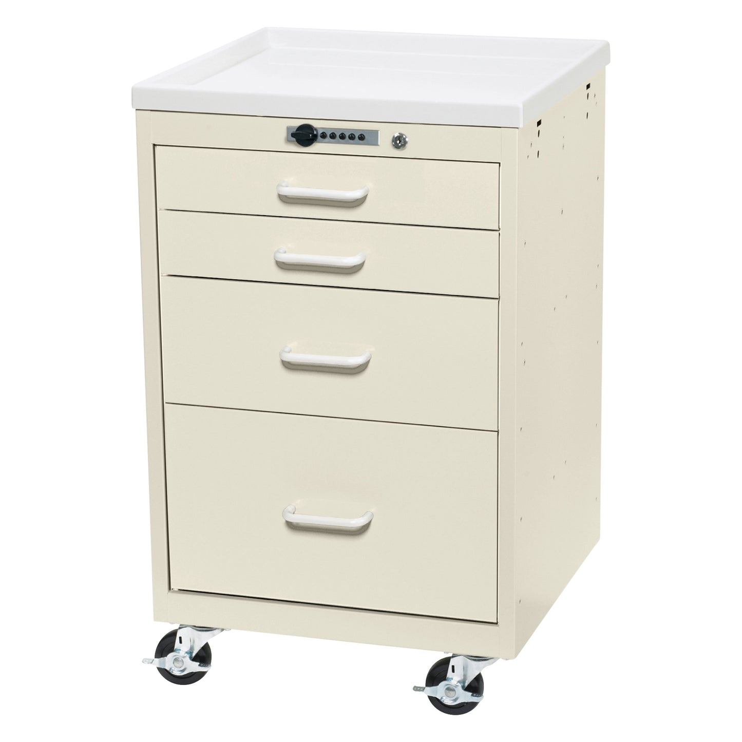 AliMed Mini Series 4-Drawer Anesthesia/Procedure Cart with Push-Button Lock, featuring four drawers and caster wheels for mobility.