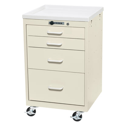 AliMed Mini Series 4-Drawer Anesthesia/Procedure Cart with Push-Button Lock, featuring four drawers and caster wheels for mobility.