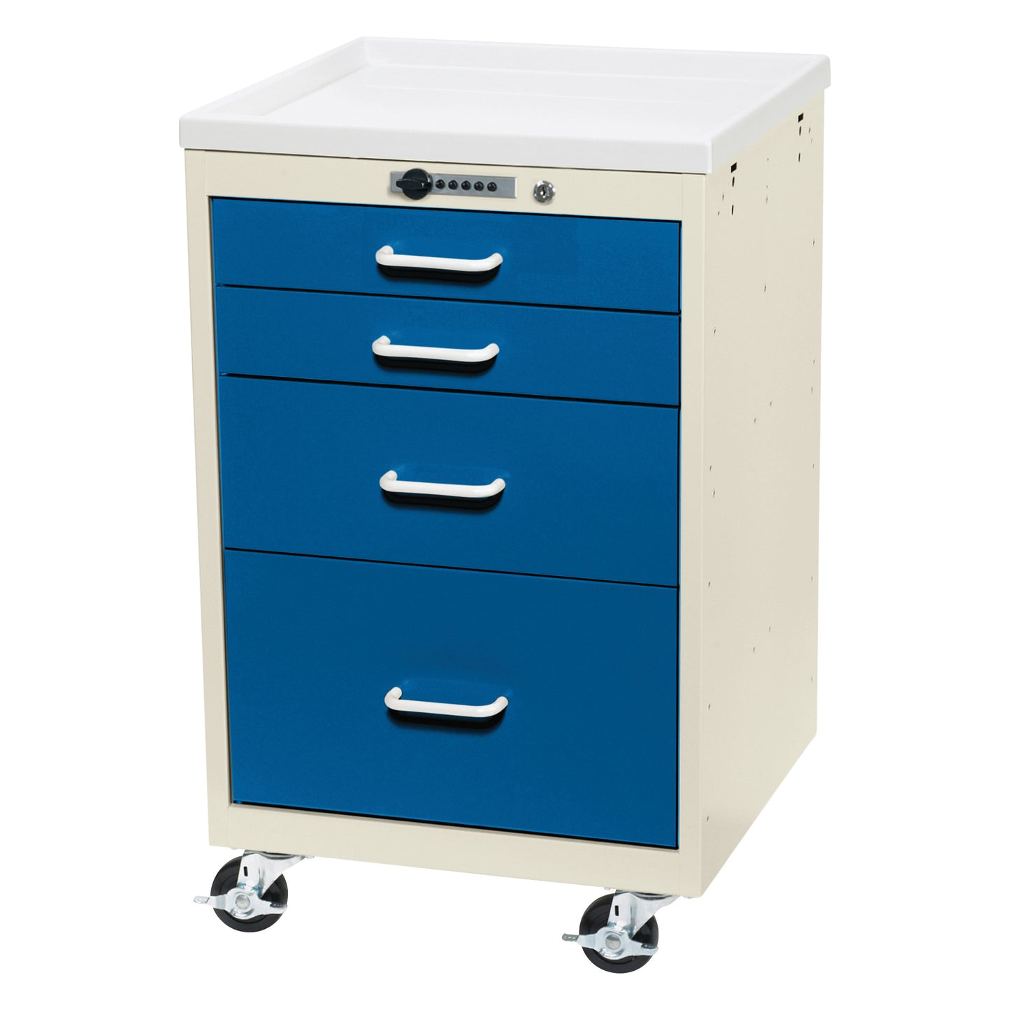AliMed Mini Series 4-Drawer Anesthesia/Procedure Cart with Push-Button Lock, featuring blue drawers and rolling casters.