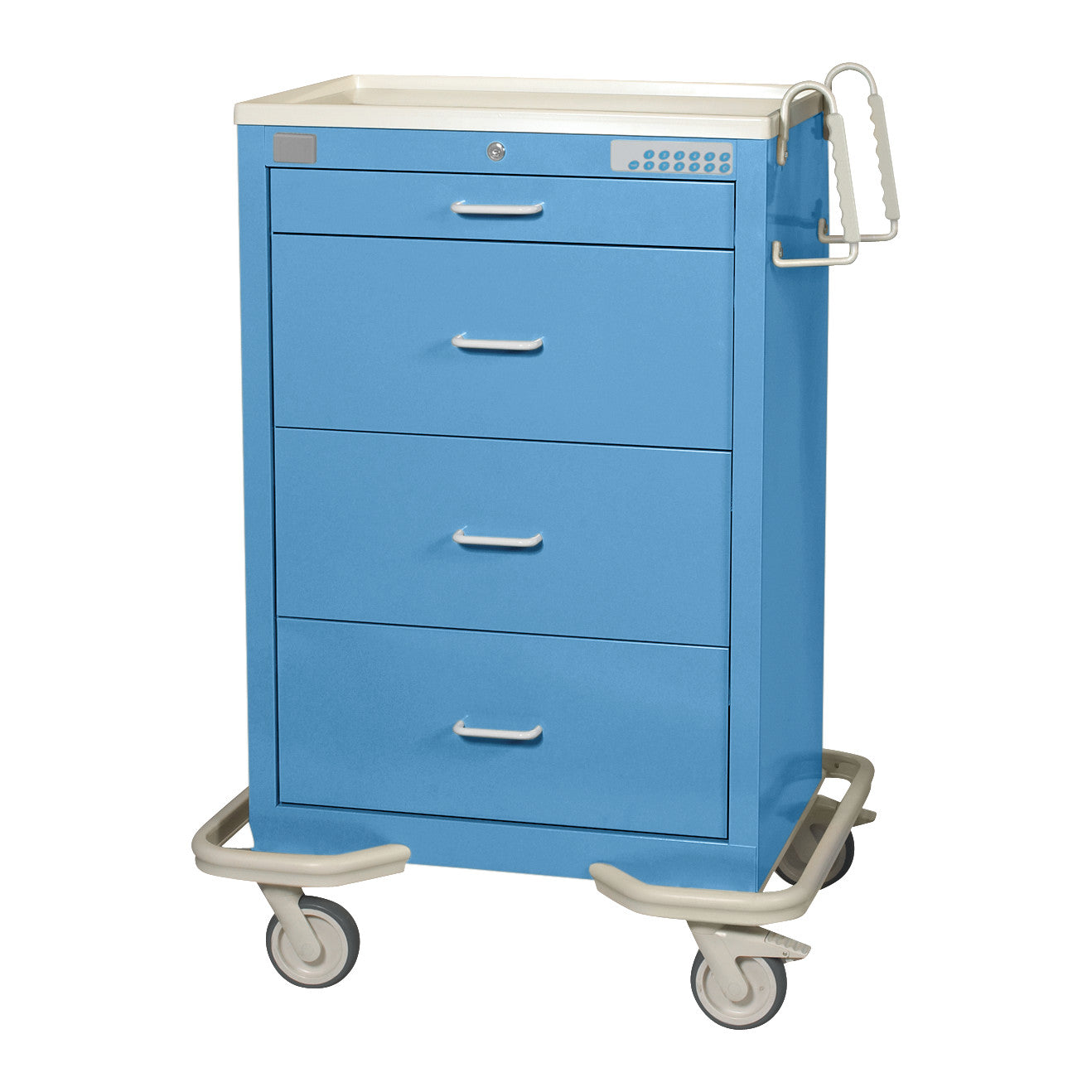 AliMed Standard Series 4-Drawer Isolation Cart with Proximity Lock in blue has four drawers and a handle, with wheels for mobility.