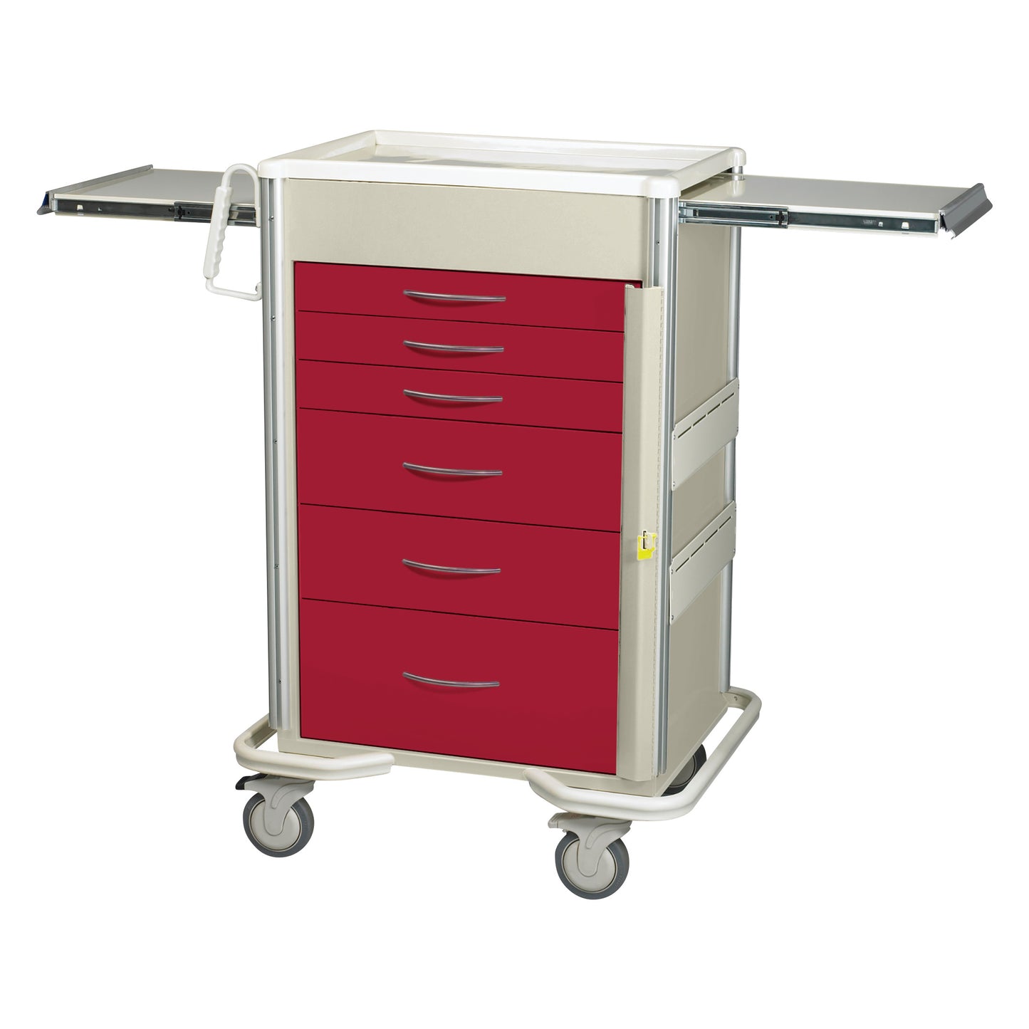 AliMed Select Series 6-Drawer Emergency Cart with 30" drawer space in red, featuring wheels and slide-out trays on each side.