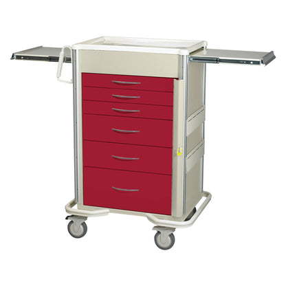 AliMed Select Series 6-Drawer Emergency Cart with 30" drawer space in red, featuring wheels and slide-out trays on each side.