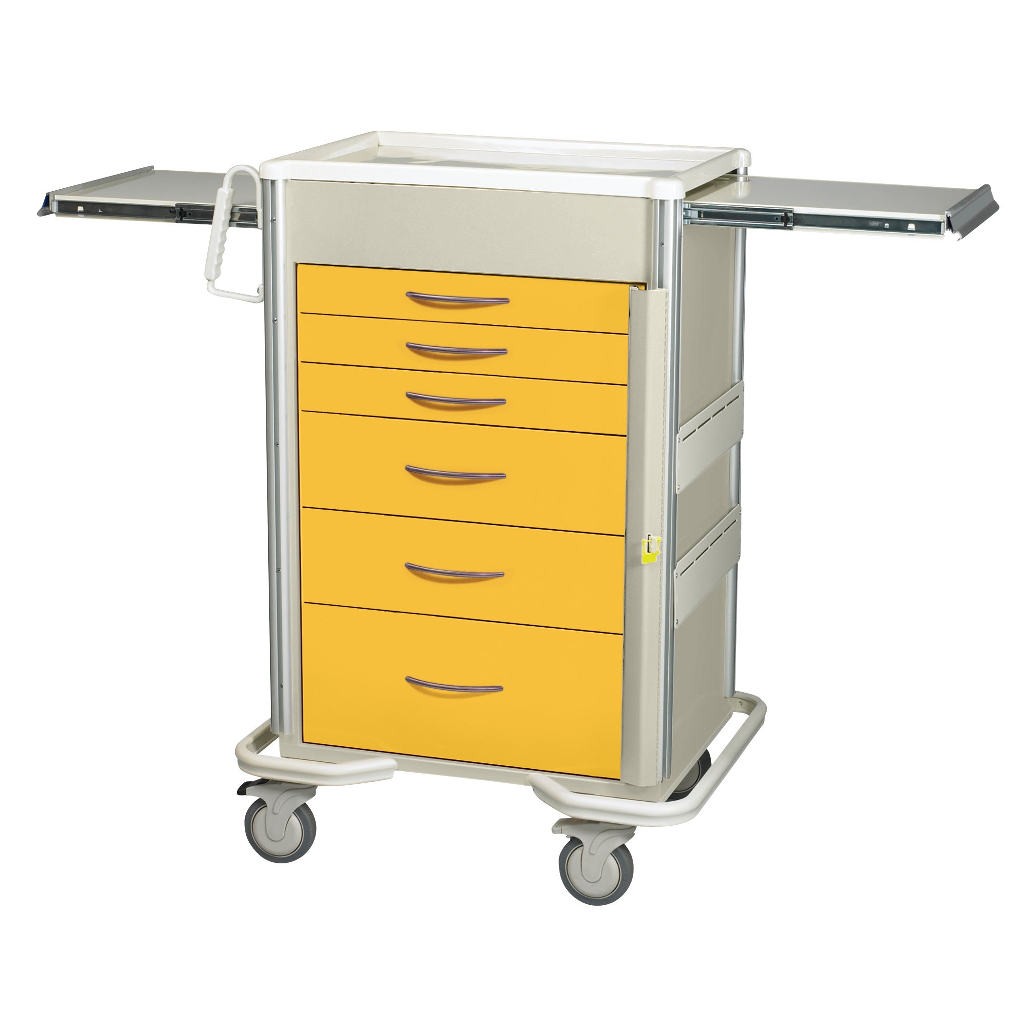 AliMed Select Series 6-Drawer Emergency Cart with 30" drawer space, featuring two side extensions and a top handle on casters.