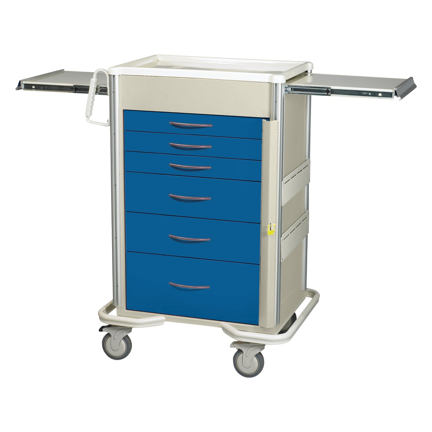 AliMed Select Series 6-Drawer Emergency Cart, 30" Drawer Space, with a blue front, two side extensions, and four caster wheels.